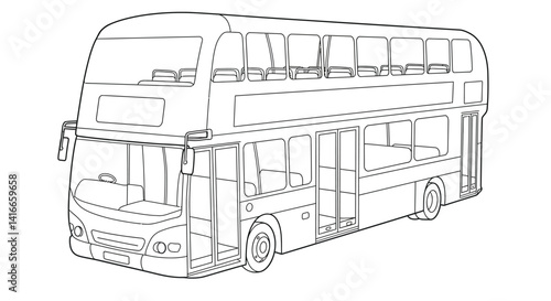 Double Decker Bus Coloring Page Outline Focusing on Top Level with Windows Tourist Transport Vehicle Illustration