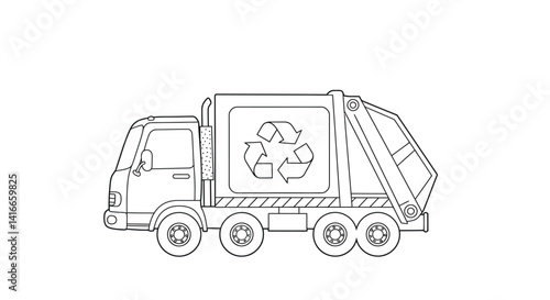 Garbage Truck Coloring Page Outline with Clear Recycling Symbol Sanitation Vehicle Kids Environmental Activity