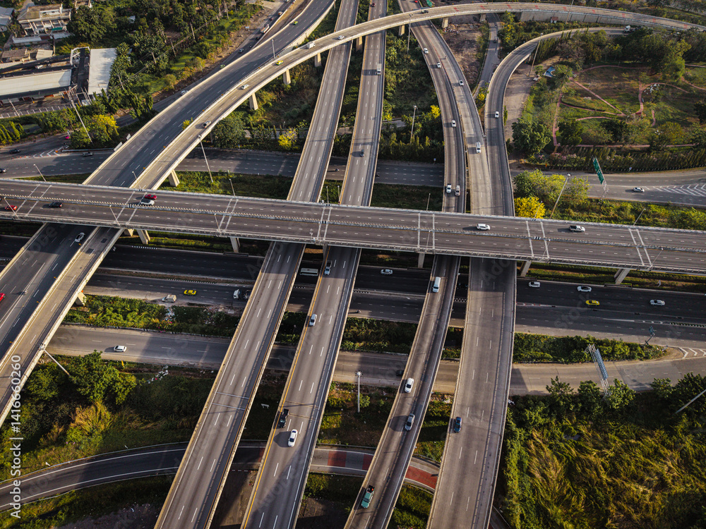 Aerial view intersection transport cross road building with traffic vehicle