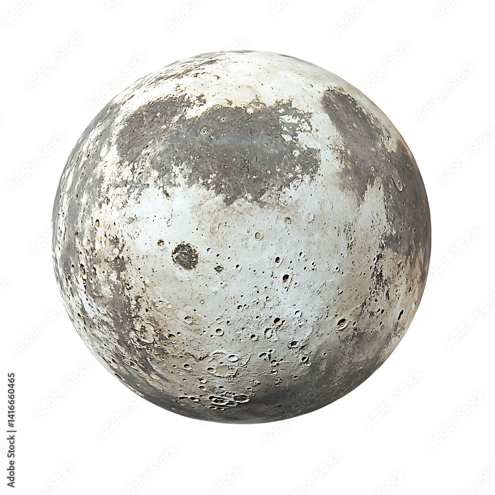 Highly detailed and realistic image of the moon showing craters ridges and surface textures in soft beige and gray tones isolated on a transparent background