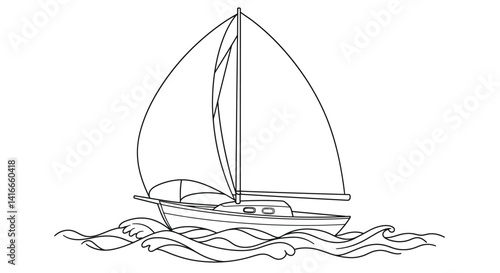 Sailboat Coloring Page Illustration with Large Sail Gliding on Gentle Waves Nautical Ocean Scene Outline Art