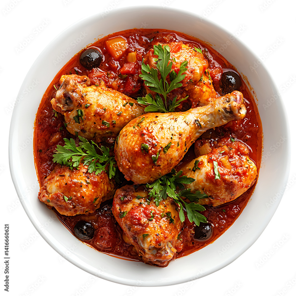 Cooked chicken drumsticks with rosemary served over a mix of stewed vegetables in a white ceramic dish isolated on a transparent background