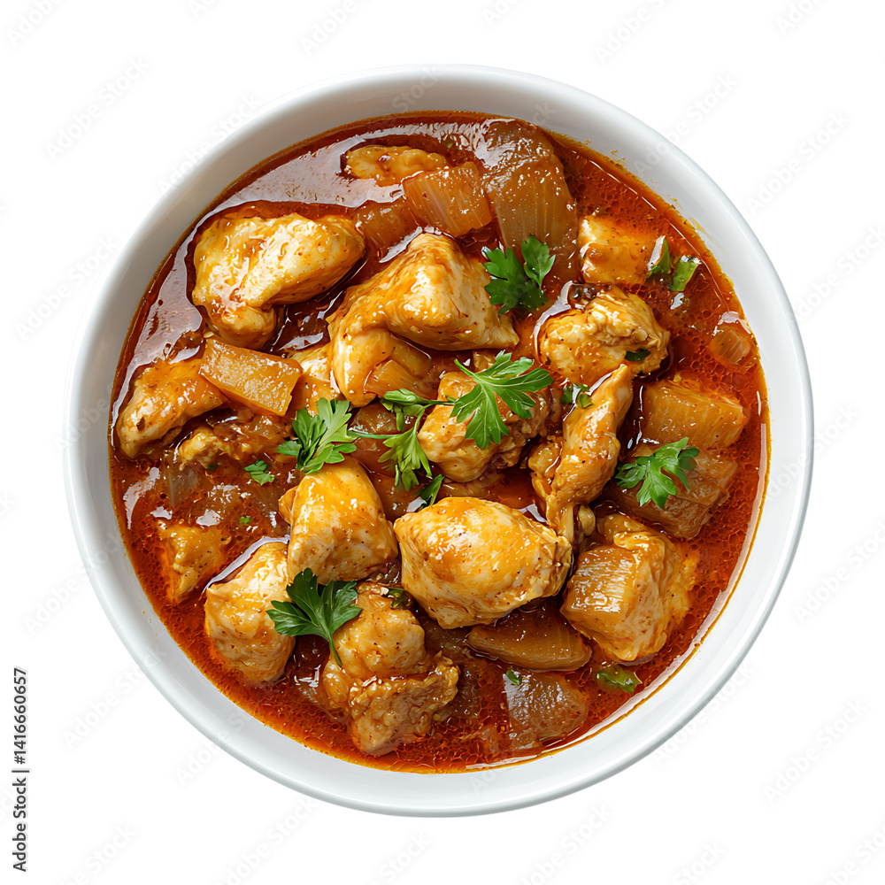 Cooked chicken drumsticks with rosemary served over a mix of stewed vegetables in a white ceramic dish isolated on a transparent background