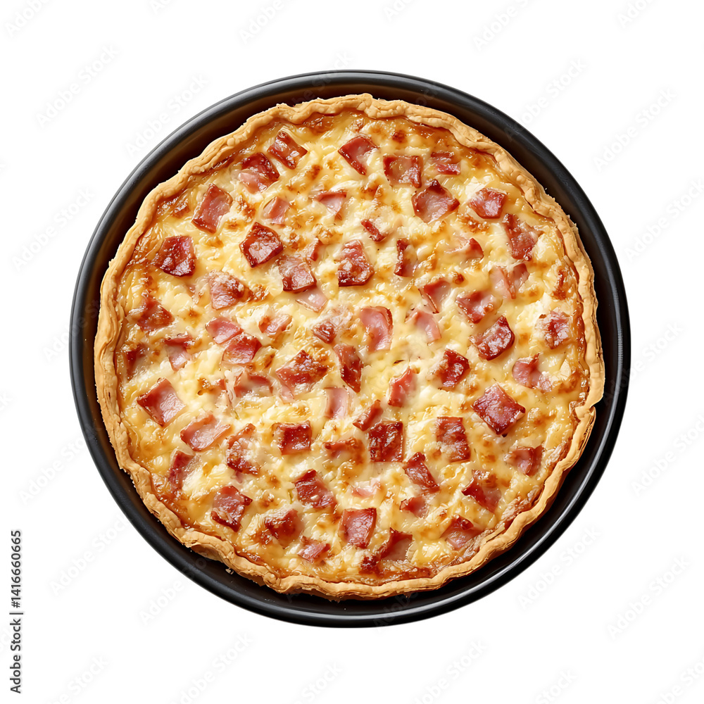 Golden baked quiche lorraine topped with cubes of bacon and melted cheese in a black dish isolated on a transparent background