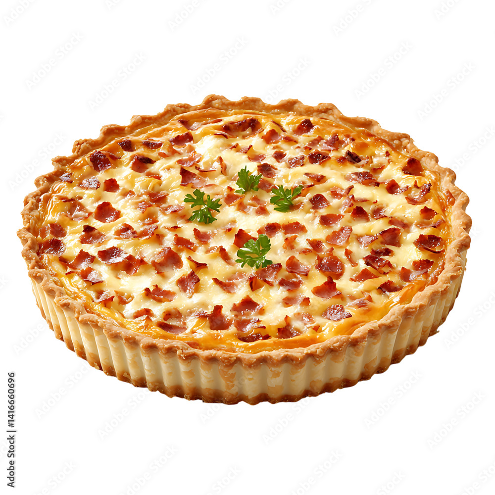 Golden baked quiche lorraine topped with cubes of bacon and melted cheese in a black dish isolated on a transparent background