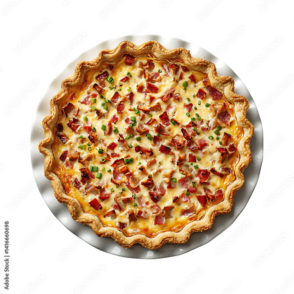 Golden baked quiche lorraine topped with cubes of bacon and melted cheese in a black dish isolated on a transparent background