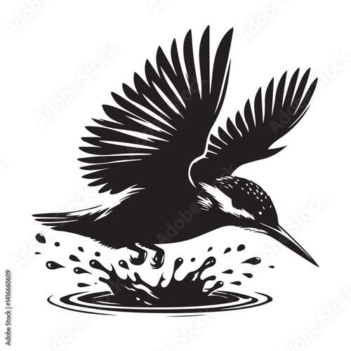 black and white vector illustration of kingfisher bird diving into water with wings spread and splash effects