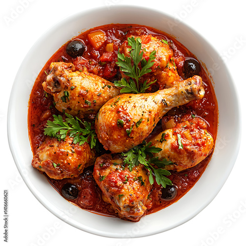 Obraz na płótnie Cooked chicken drumsticks with rosemary served over a mix of stewed vegetables in a white ceramic dish isolated on a transparent background w salonie