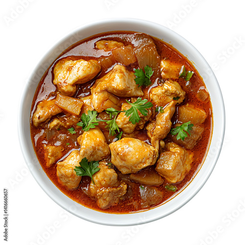 Obraz na płótnie Cooked chicken drumsticks with rosemary served over a mix of stewed vegetables in a white ceramic dish isolated on a transparent background w salonie