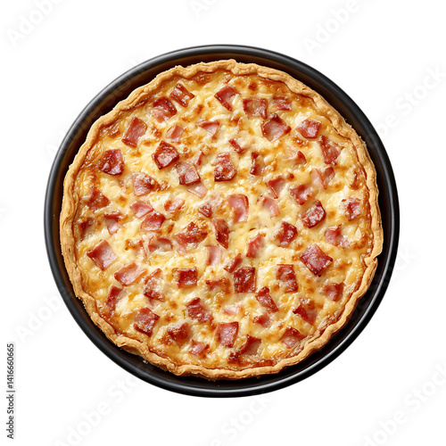 Obraz na płótnie Golden baked quiche lorraine topped with cubes of bacon and melted cheese in a black dish isolated on a transparent background w salonie