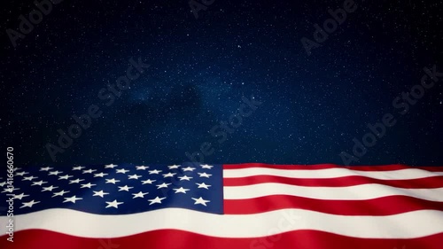 American flag waving against a dark blue starry night sky with many visible stars shining brightly 4th july