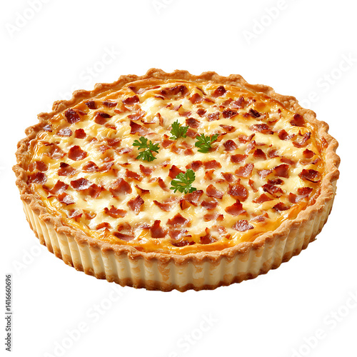 Obraz na płótnie Golden baked quiche lorraine topped with cubes of bacon and melted cheese in a black dish isolated on a transparent background w salonie