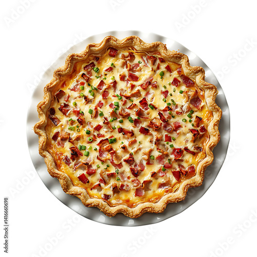 Obraz na płótnie Golden baked quiche lorraine topped with cubes of bacon and melted cheese in a black dish isolated on a transparent background w salonie