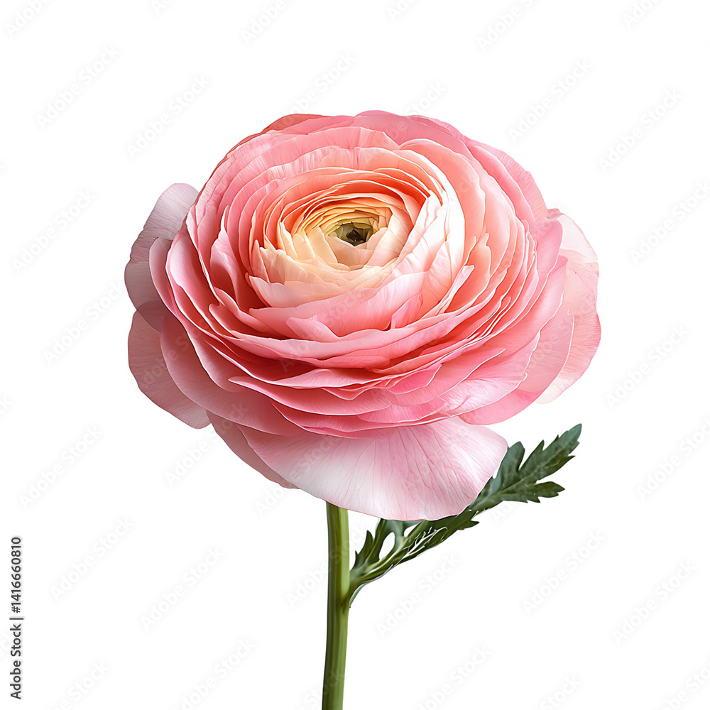 Single pink ranunculus flower in full bloom with layered delicate petals and green stem isolated on a transparent background