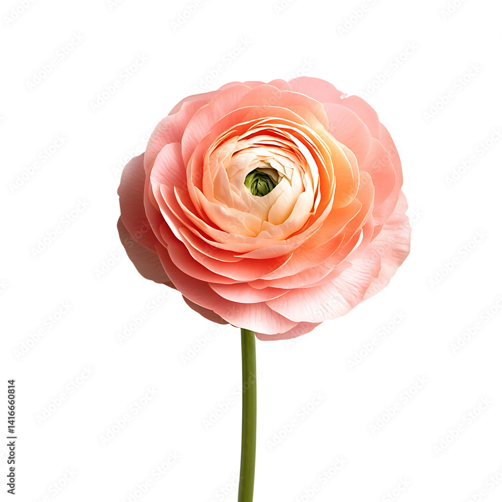 Single pink ranunculus flower in full bloom with layered delicate petals and green stem isolated on a transparent background