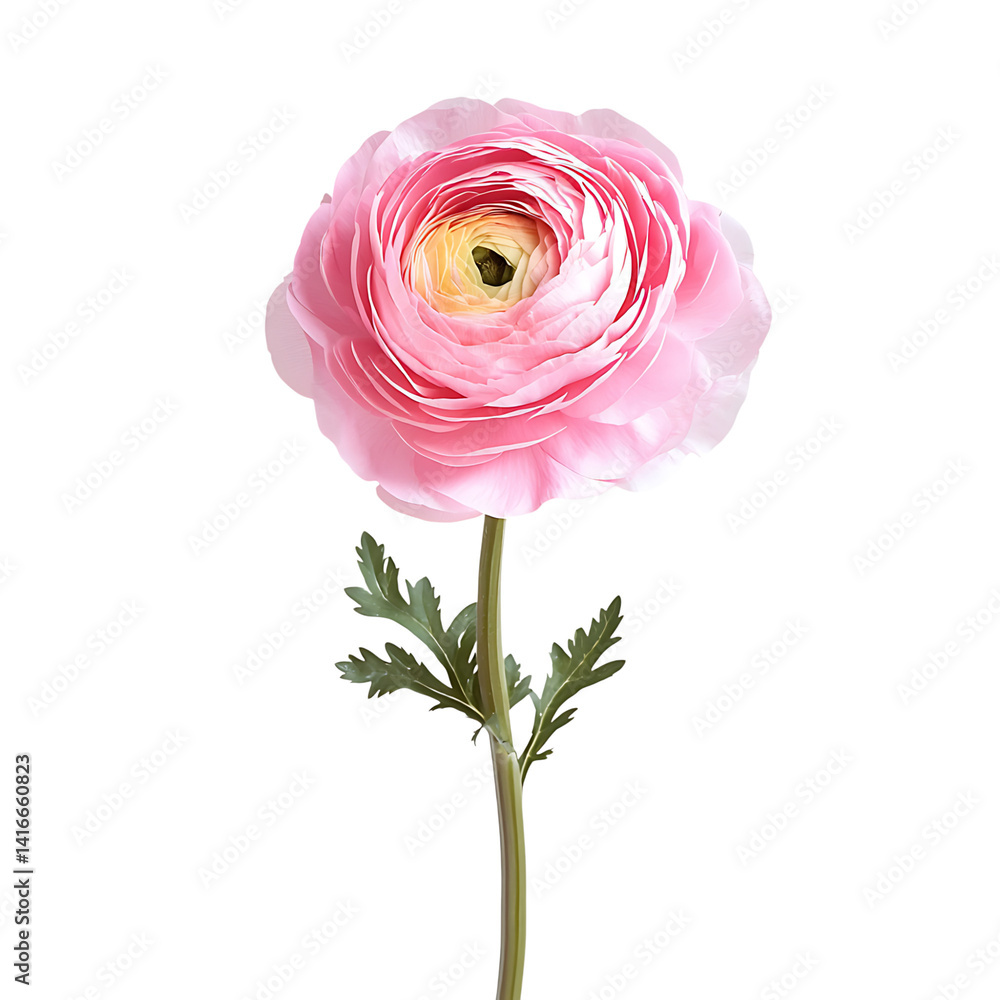 Single pink ranunculus flower in full bloom with layered delicate petals and green stem isolated on a transparent background