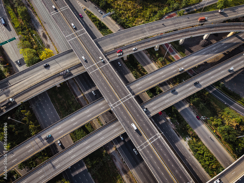 Aerial view intersection transport cross road building with traffic vehicle