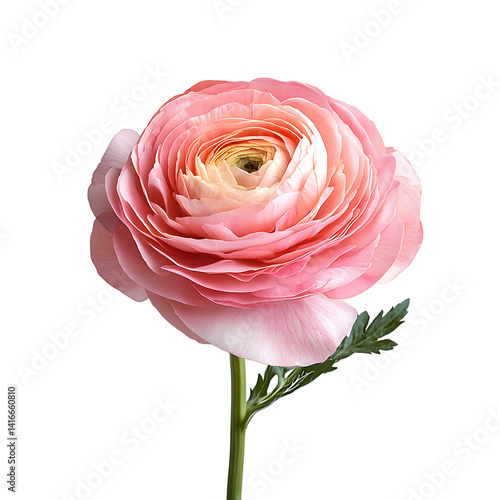 Obraz na płótnie Single pink ranunculus flower in full bloom with layered delicate petals and green stem isolated on a transparent background w salonie