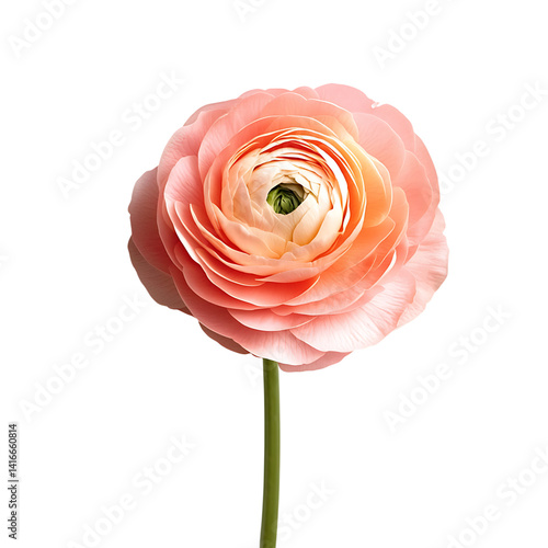 Obraz na płótnie Single pink ranunculus flower in full bloom with layered delicate petals and green stem isolated on a transparent background w salonie