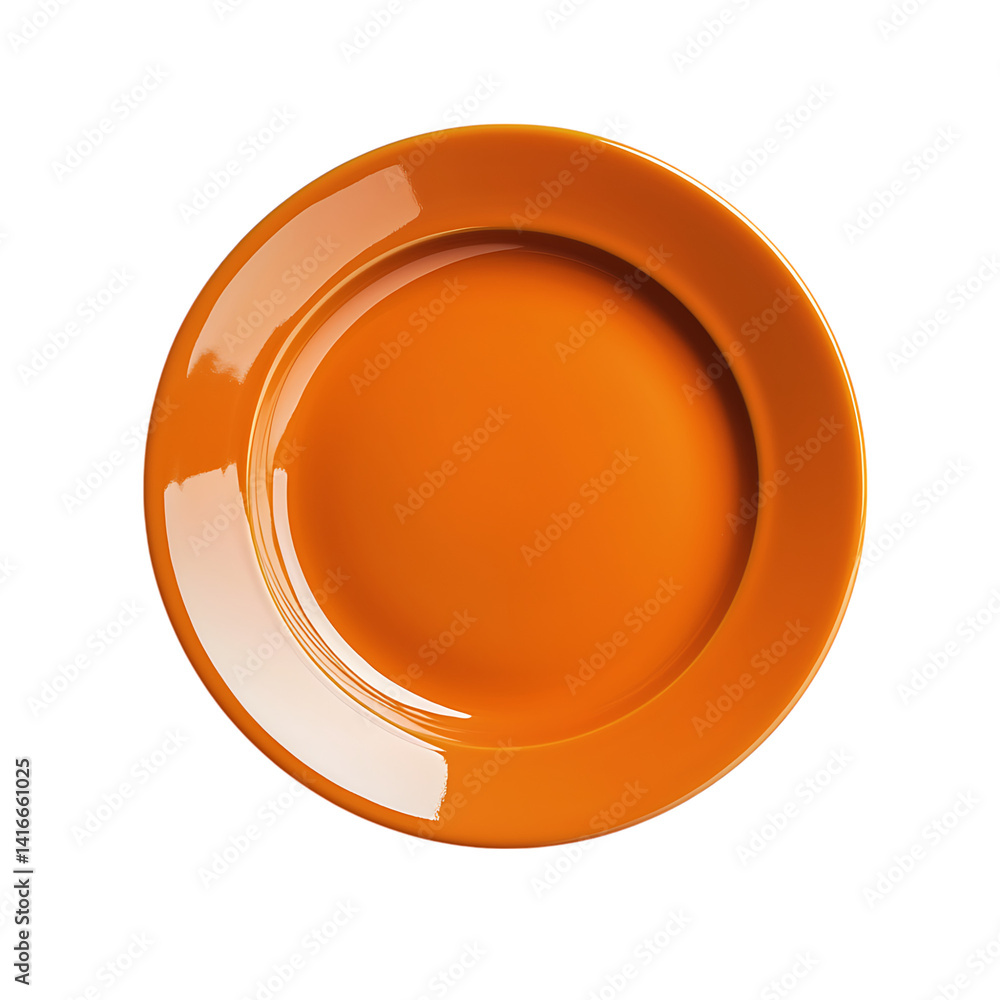 Top view of a glossy orange ceramic plate with smooth reflective surface and round shape isolated on a transparent background