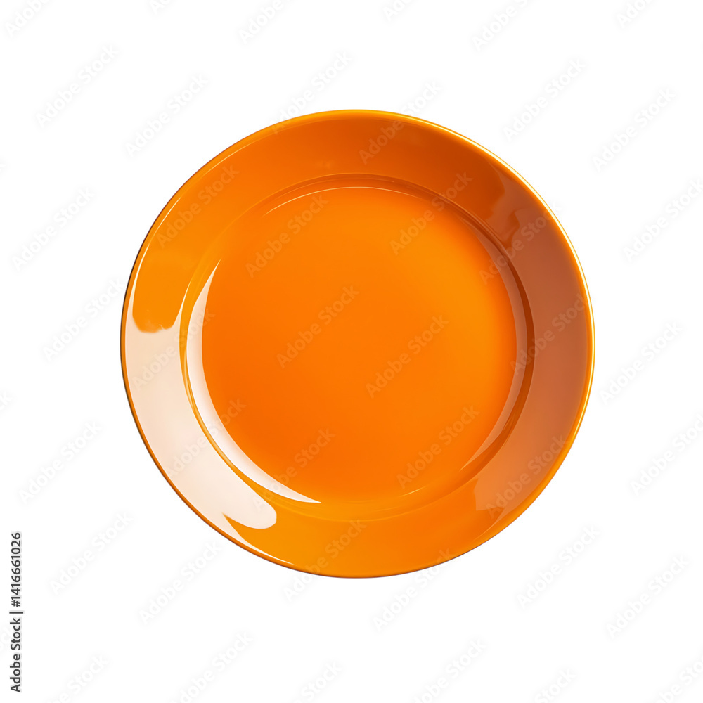 Top view of a glossy orange ceramic plate with smooth reflective surface and round shape isolated on a transparent background