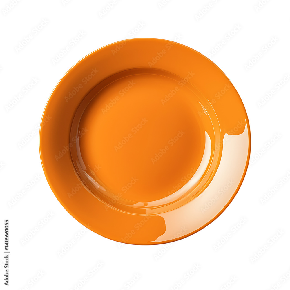 Top view of a glossy orange ceramic plate with smooth reflective surface and round shape isolated on a transparent background
