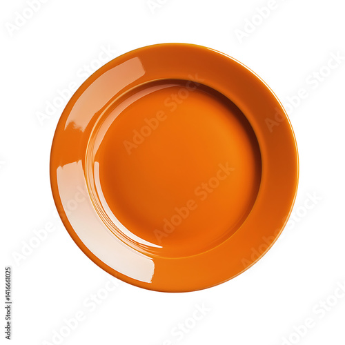 Obraz na płótnie Top view of a glossy orange ceramic plate with smooth reflective surface and round shape isolated on a transparent background w salonie