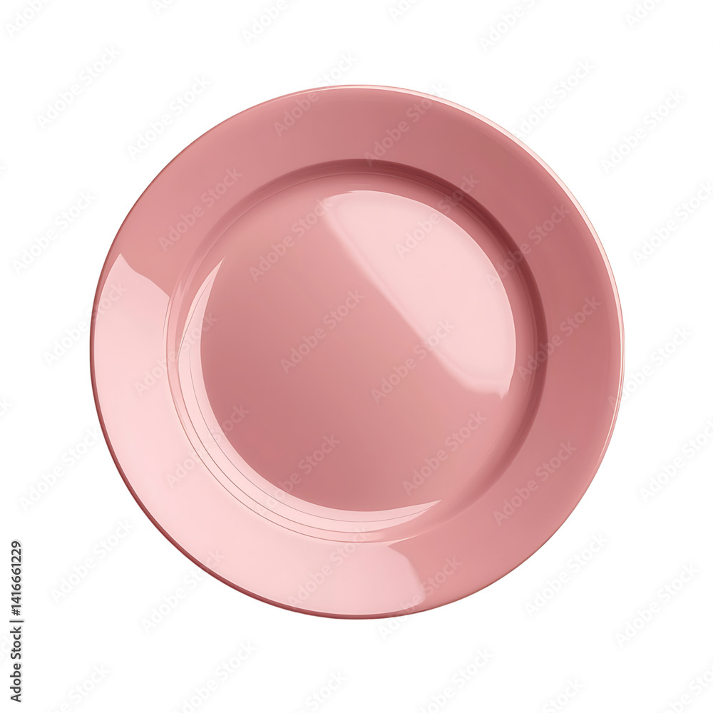 Round glossy pink ceramic plate with smooth reflective surface and minimalist design isolated on a transparent background