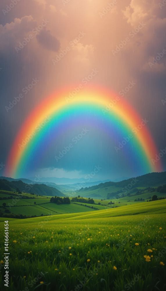 Obraz premium Pot of Gold at the Rainbow's End Over Green Pasture