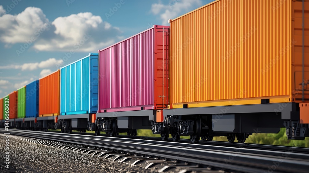 Obraz premium Colorful cargo containers on rail, under a bright sky