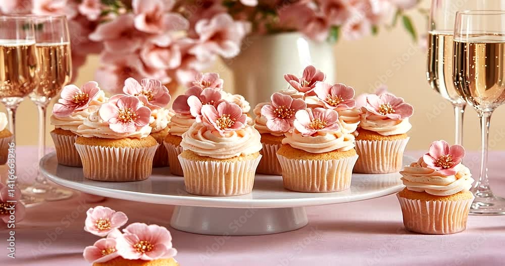 Elegant cupcakes adorned with blossoms at a celebration