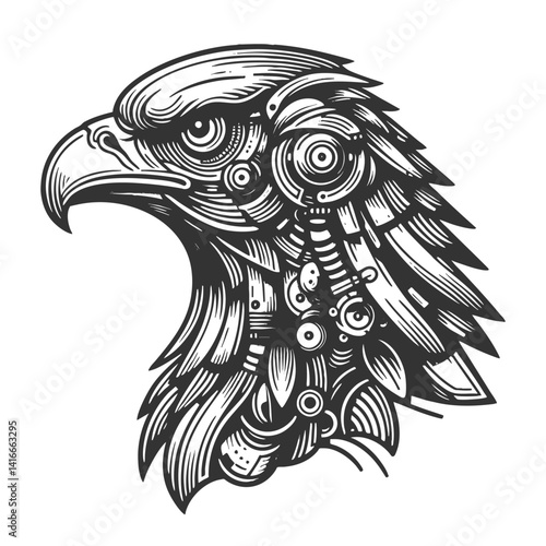cybernetic robotic eagle head, intricate mechanical details in a sci-fi and steampunk aesthetic sketch engraving generative ai vector illustration. Scratch board imitation. Black and white image.