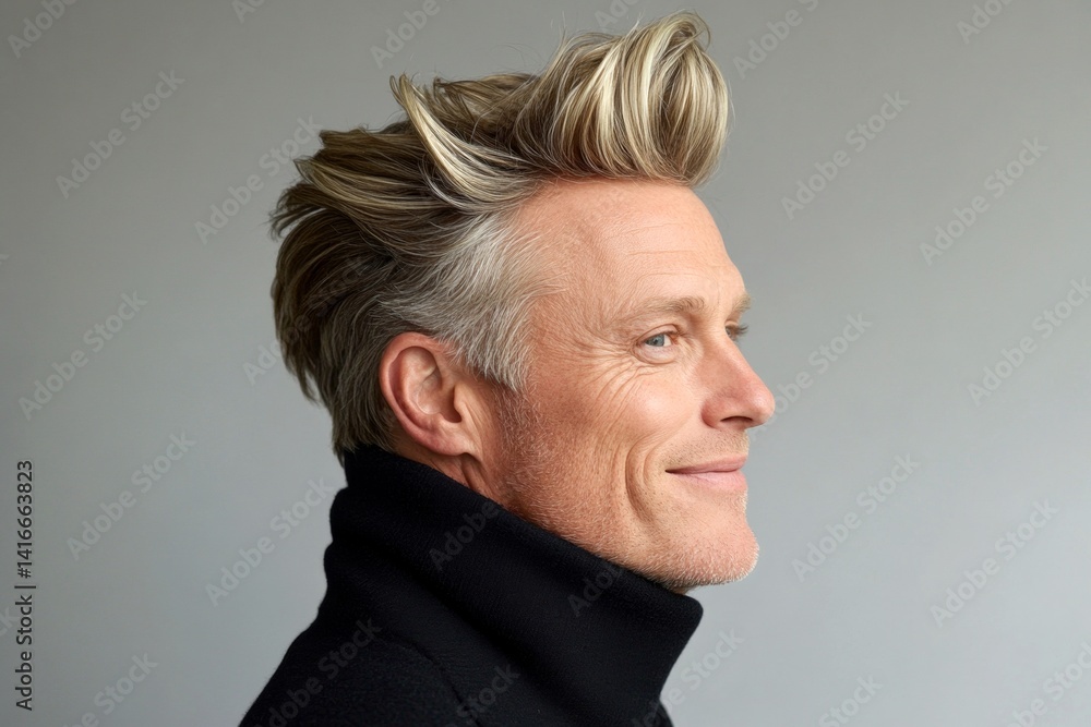 Obraz premium Pure white solid background. A masculine beauty with a relaxed and happy expression. Idea of style for aging men. Elegant men's quiff haircut - midlife white man with blond hair.