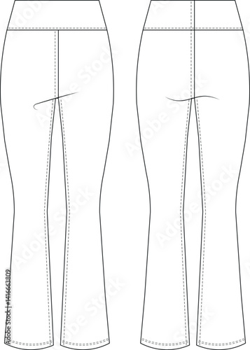 mid rise mid waist highrise waist elastic banded waistband elastic sport flared pant trouser sport wear sweatpant template technical drawing flat sketch cad mockup fashion woman design style model 

