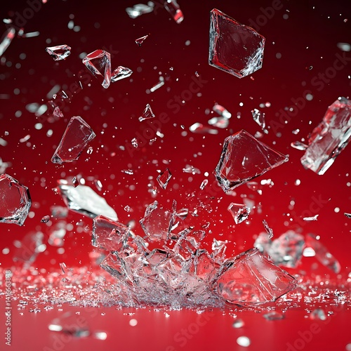 Shattered and broken glass shards flying through the air after crush broken on a red background.	