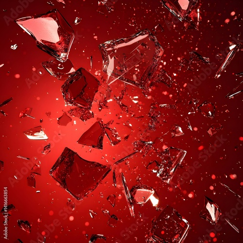 Shattered and broken glass shards flying through the air after crush broken on a red background.	