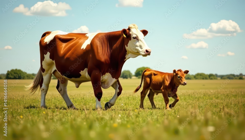 Hereford cow and calf stroll through Texas field , texas, rural Hereford cow and calf stroll through Texas field , texas, rural
