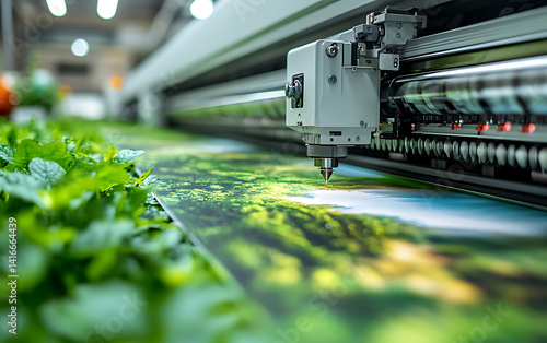 Close up of large digital printer producing high resolution image of green landscape
