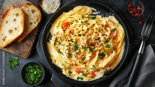 Appetizing creamy vegetable dip in cast iron skillet