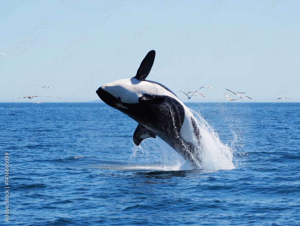 Fototapeta premium Orca Jumping Out of the Deep Blue Sea with Splash