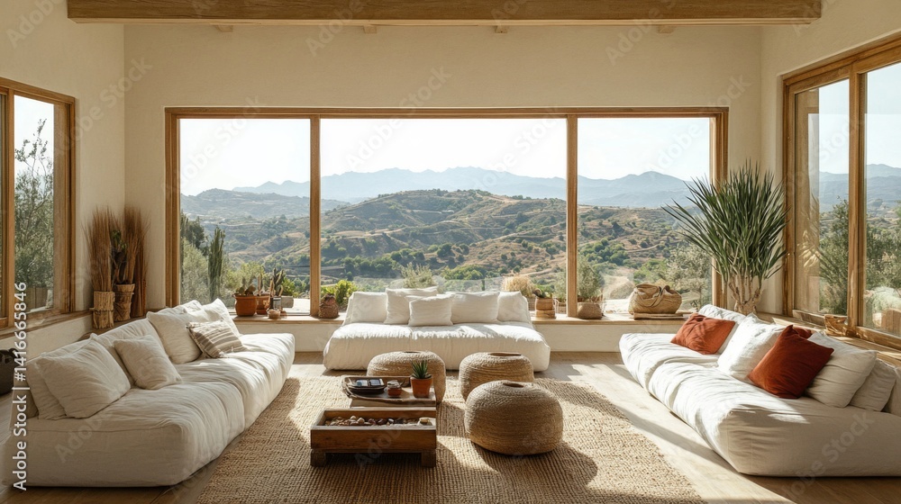 Fototapeta premium Modern Minimalist Living Room with Panoramic Mountain View