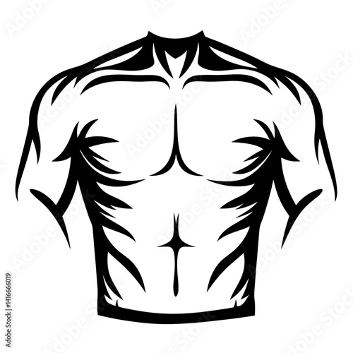 Stylized abstract torso depiction in black and white minimalist tribal style art