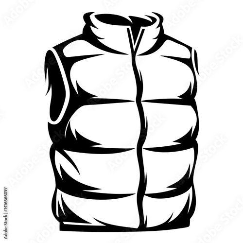 Stylized vector illustration of a padded sleeveless vest jacket in black and white