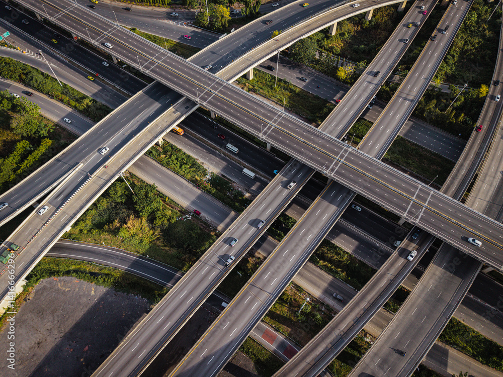 Aerial view intersection transport cross road building with traffic vehicle
