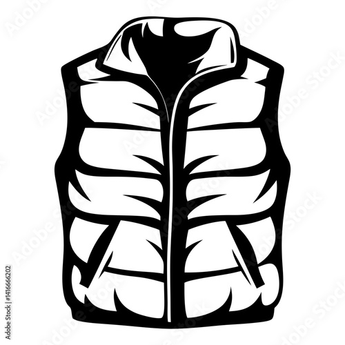 Stylized black and white illustration of a puffer vest with pockets