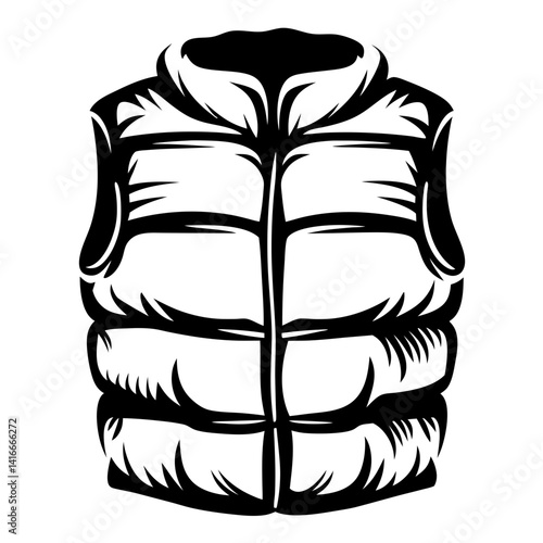 Black and white graphic illustration of a puffer vest with a hood