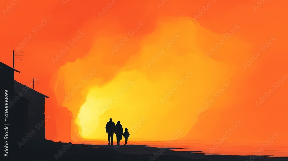 Naklejka premium Family Silhouette at Sunset Apocalyptic Cityscape Hope Despair