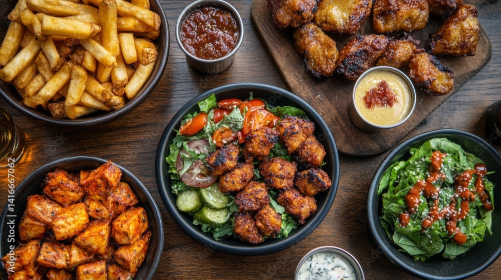 Overhead View of Delicious Chicken Wings and Sides Overhead View of Delicious Chicken Wings and Sides