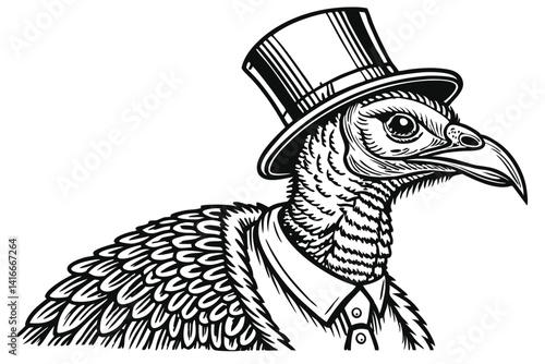 14 Anthropomorphic turkey, top hat, formal attire, waistcoat, detailed feathers, black and white illustration, engraving style, vintage aesthetic, whimsical, surreal, pen and ink drawing, fine line wo