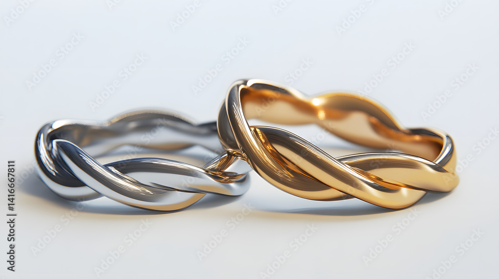 Elegant intertwined rings in silver and gold, symbolizing unity and commitment. Elegant intertwined rings in silver and gold, symbolizing unity and commitment.
